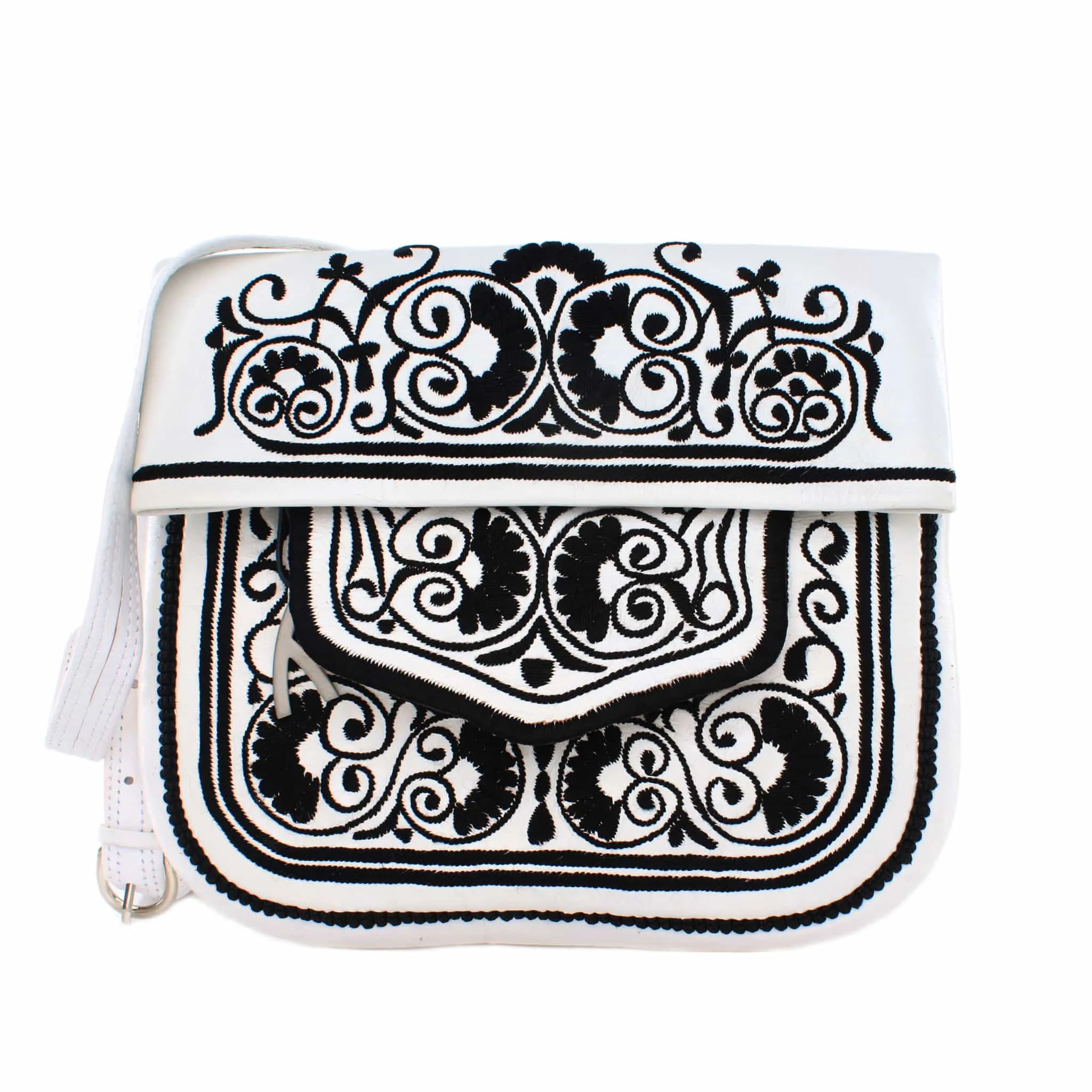 Embroidered Leather Berber Bag in White, Black