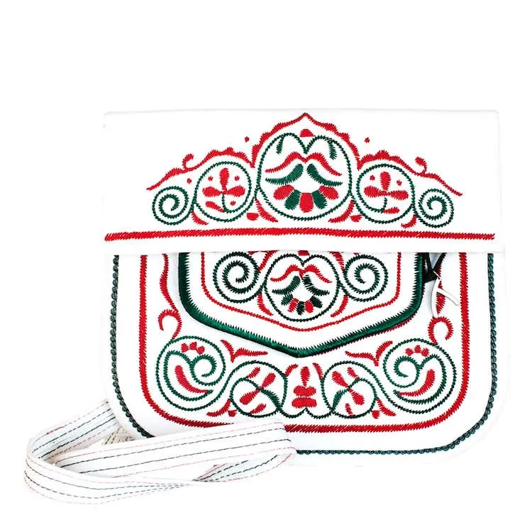 Embroidered Leather Berber Bag in White, Red, Green