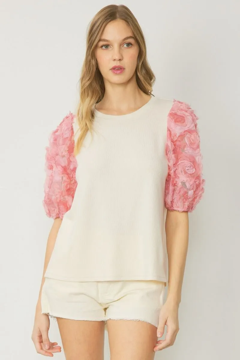 Entro Ribbed 3D Floral Sleeved Top