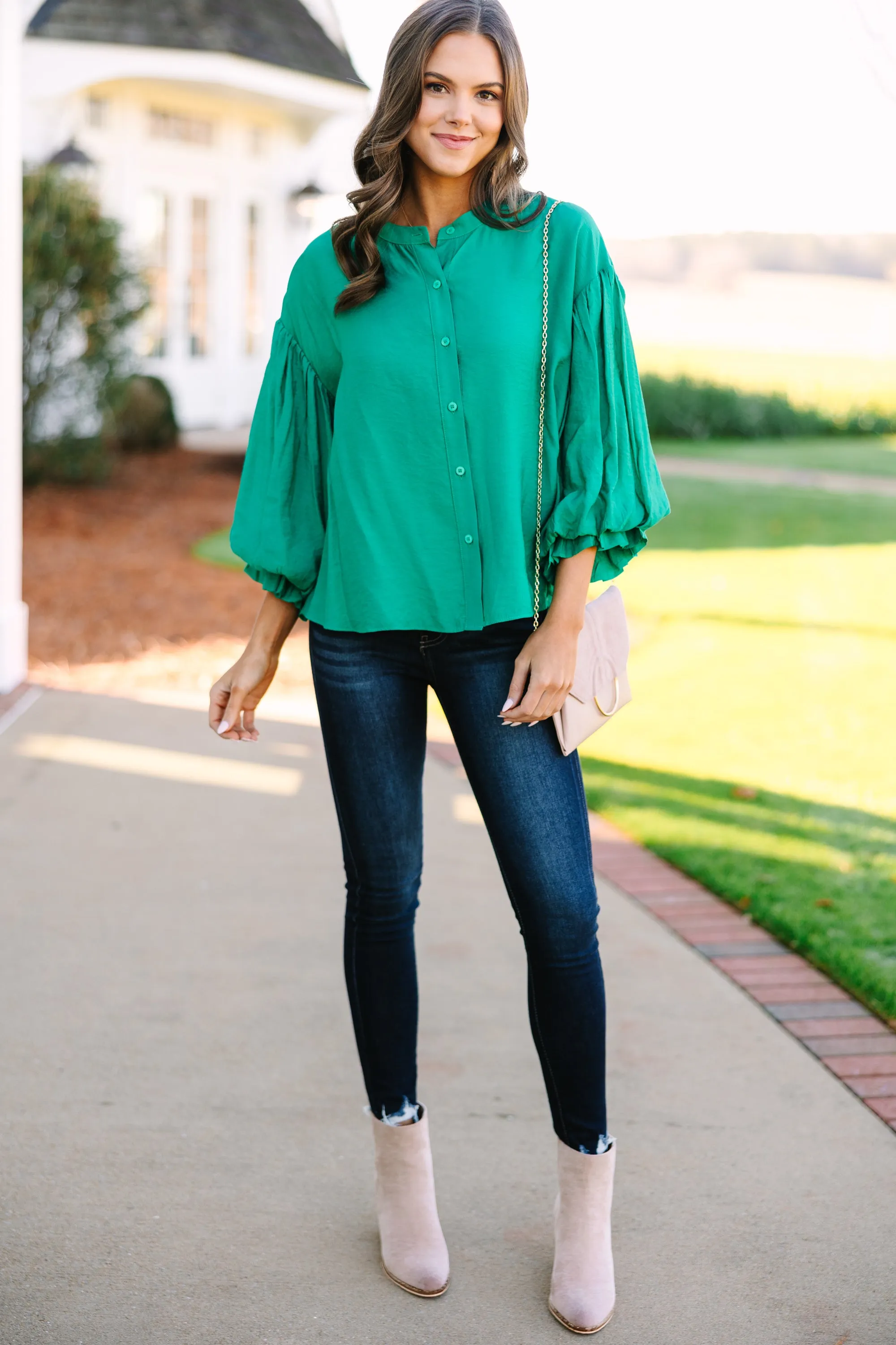 Fate: Far From Over Kelly Green Puff Sleeve Blouse