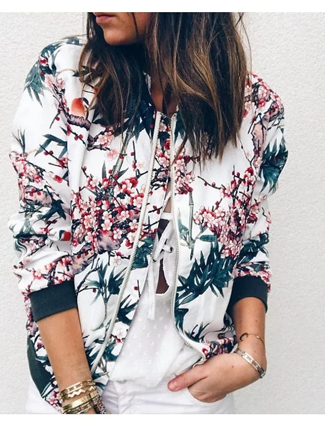 Floral Print Zip-Up Baseball Jacket for Women