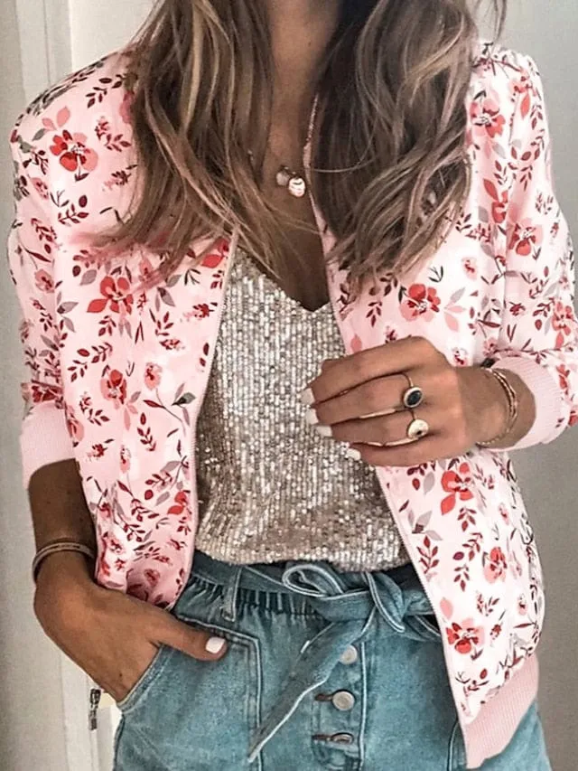 Floral Print Zip-Up Baseball Jacket for Women