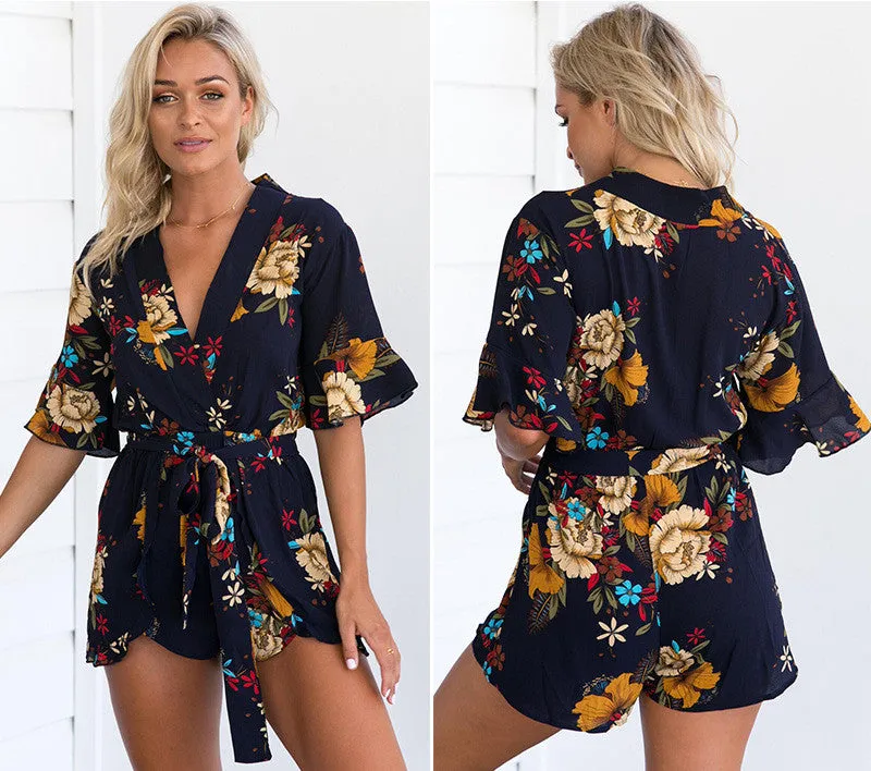 Floral V Neck Half Sleeve Romper