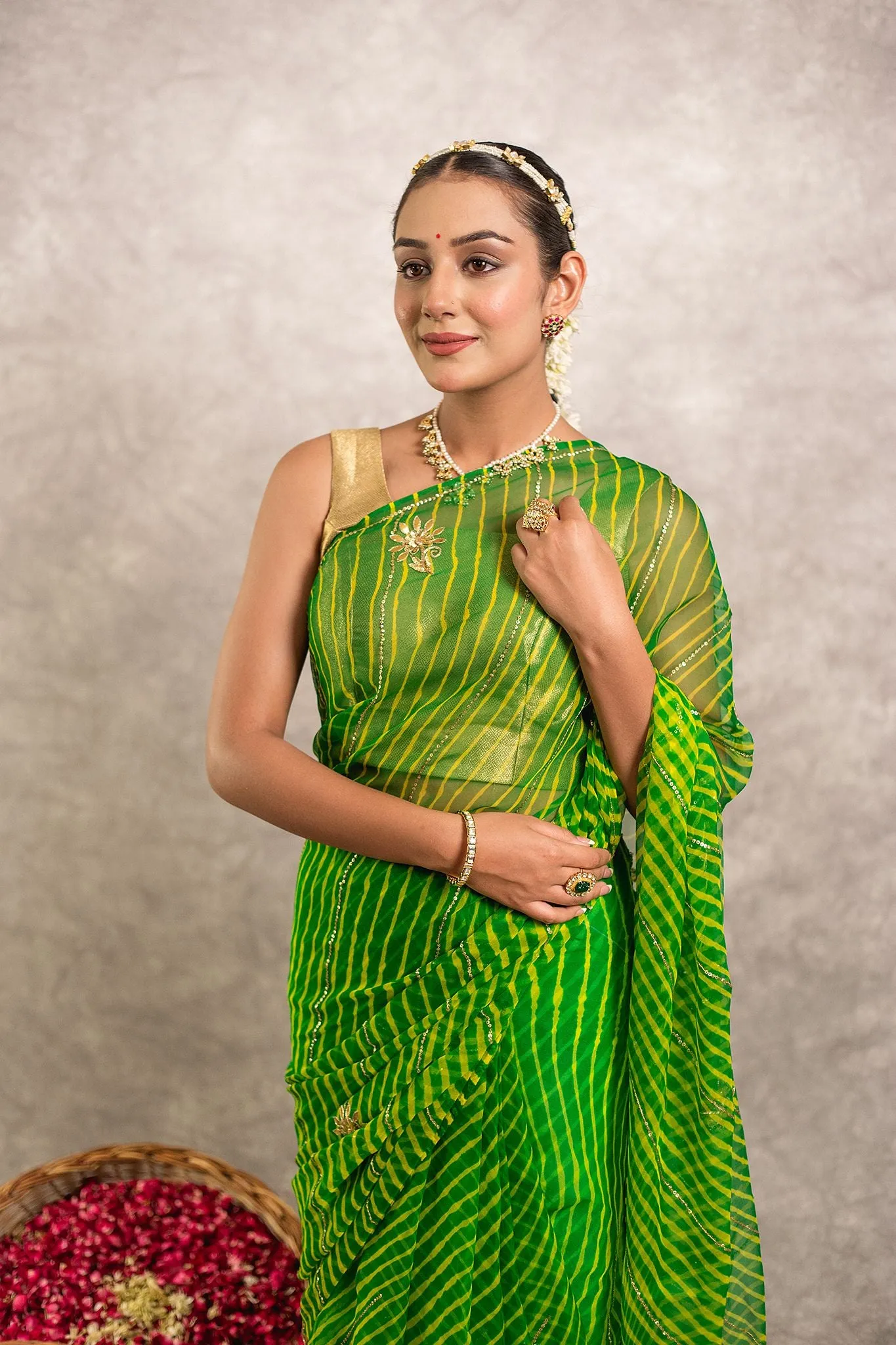 Green Pure Georgette Aari work Lehariya Saree