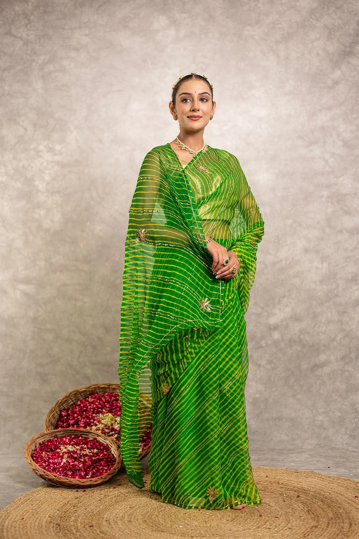 Green Pure Georgette Aari work Lehariya Saree