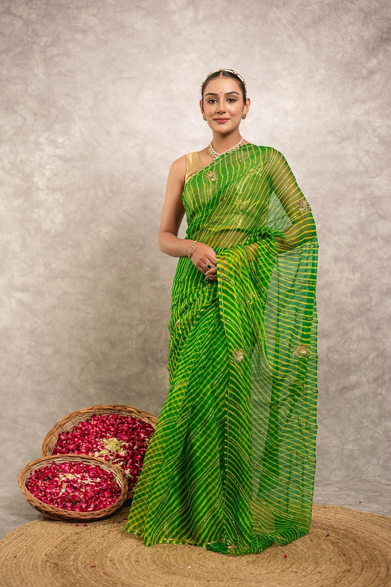 Green Pure Georgette Aari work Lehariya Saree