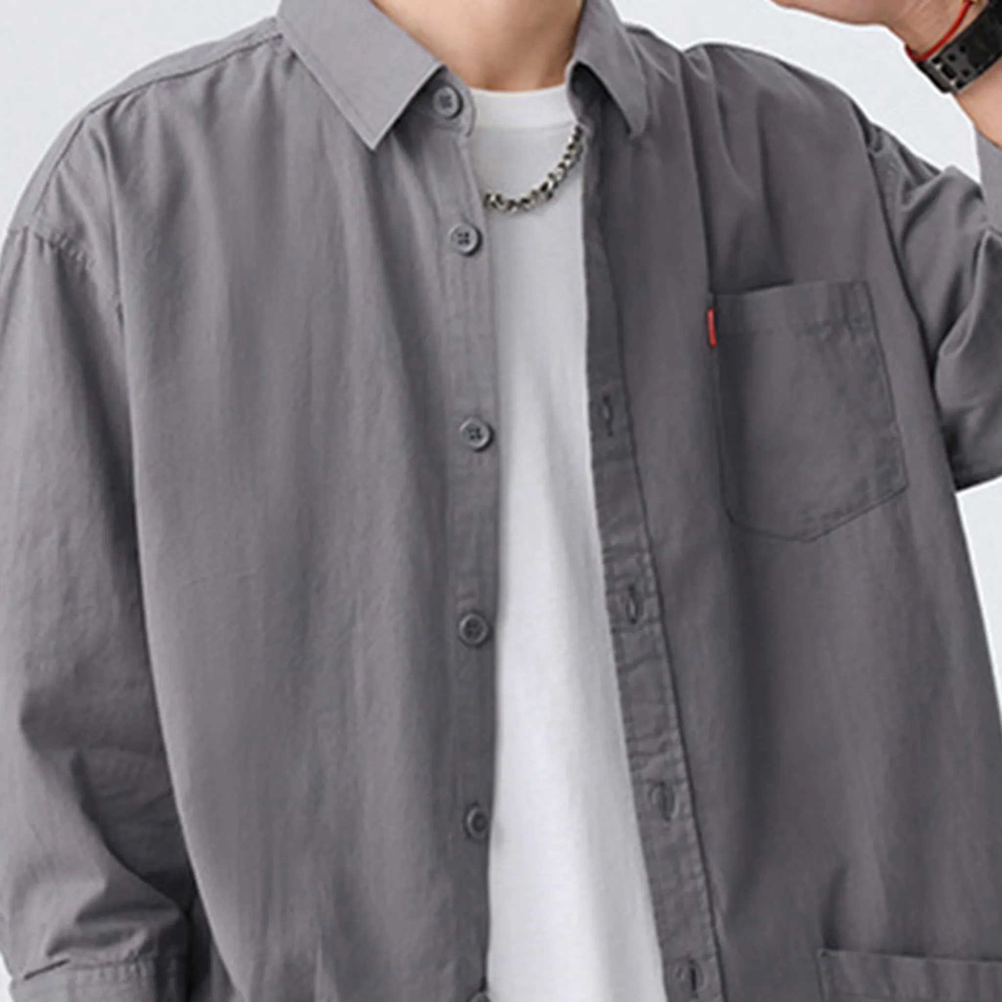 Grey korean-style relaxed shirt with three-fourth sleeve