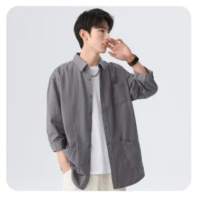 Grey korean-style relaxed shirt with three-fourth sleeve