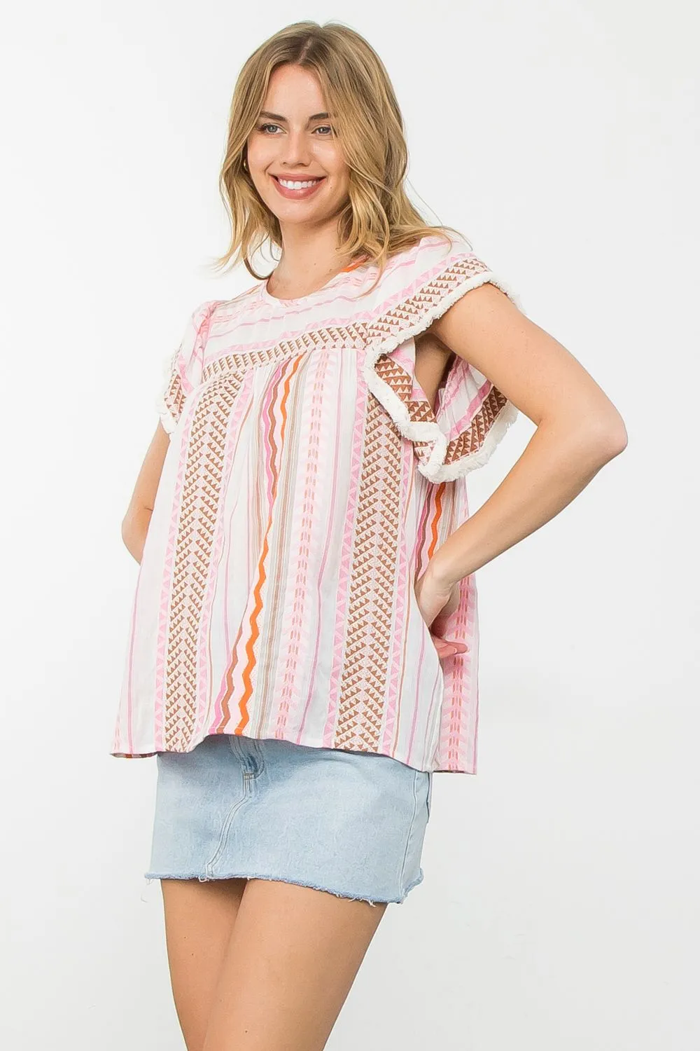 Hallie Stripe Pattern Flutter Sleeve THML Top