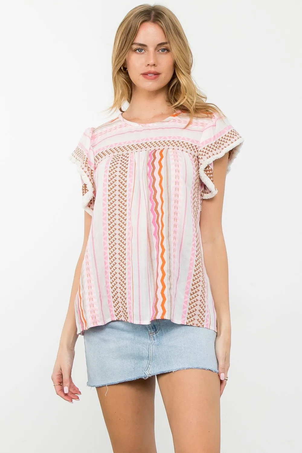 Hallie Stripe Pattern Flutter Sleeve THML Top