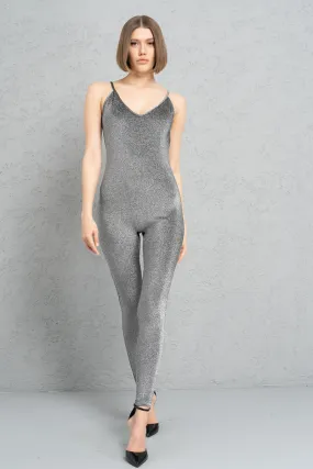 Hanae Lurex Glitter Disco Pantsuit Onesie Catsuit - Silver