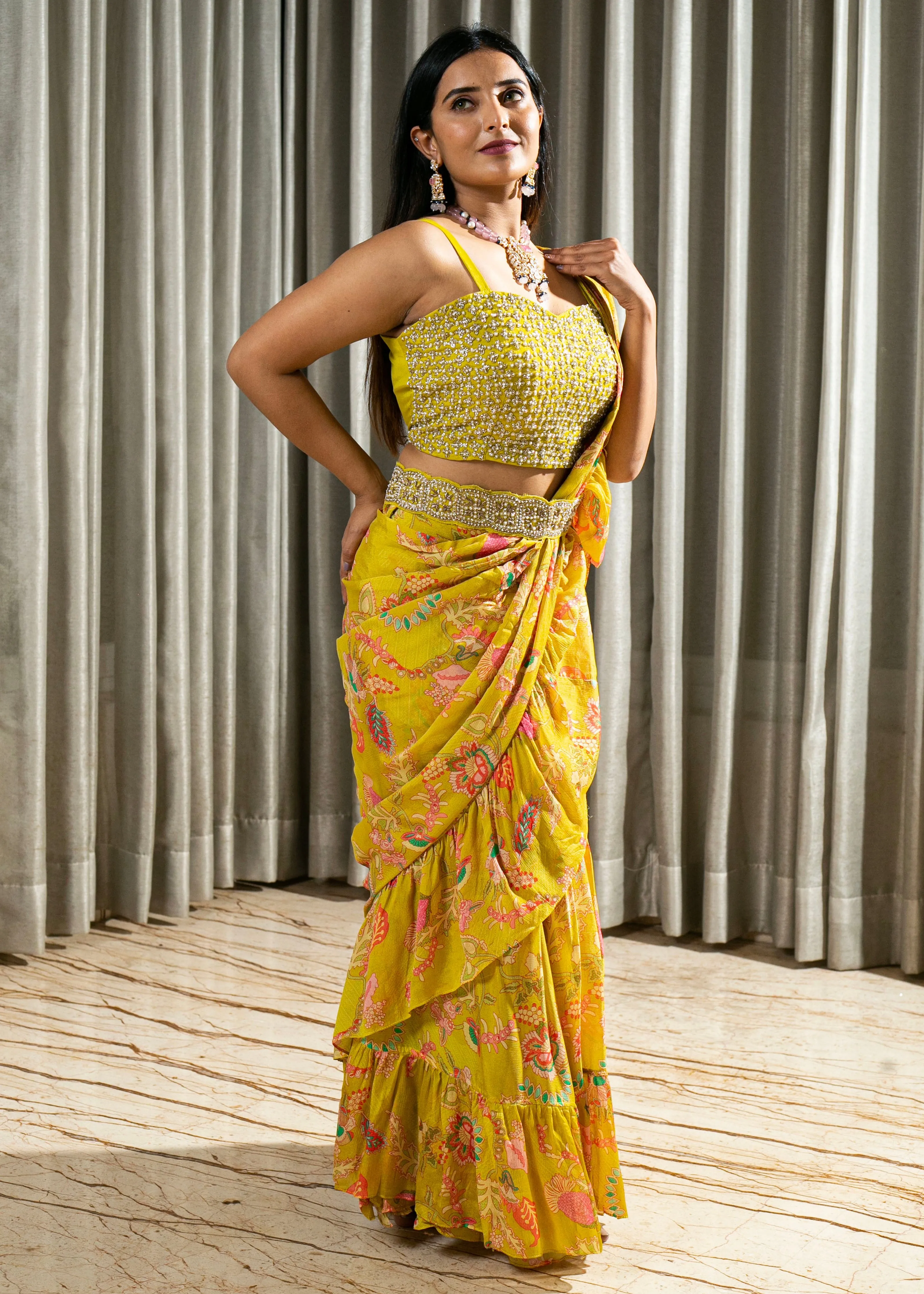 Hand Embroidered Digital Printed Chinnon Georgette Saree with Stitched Blouse