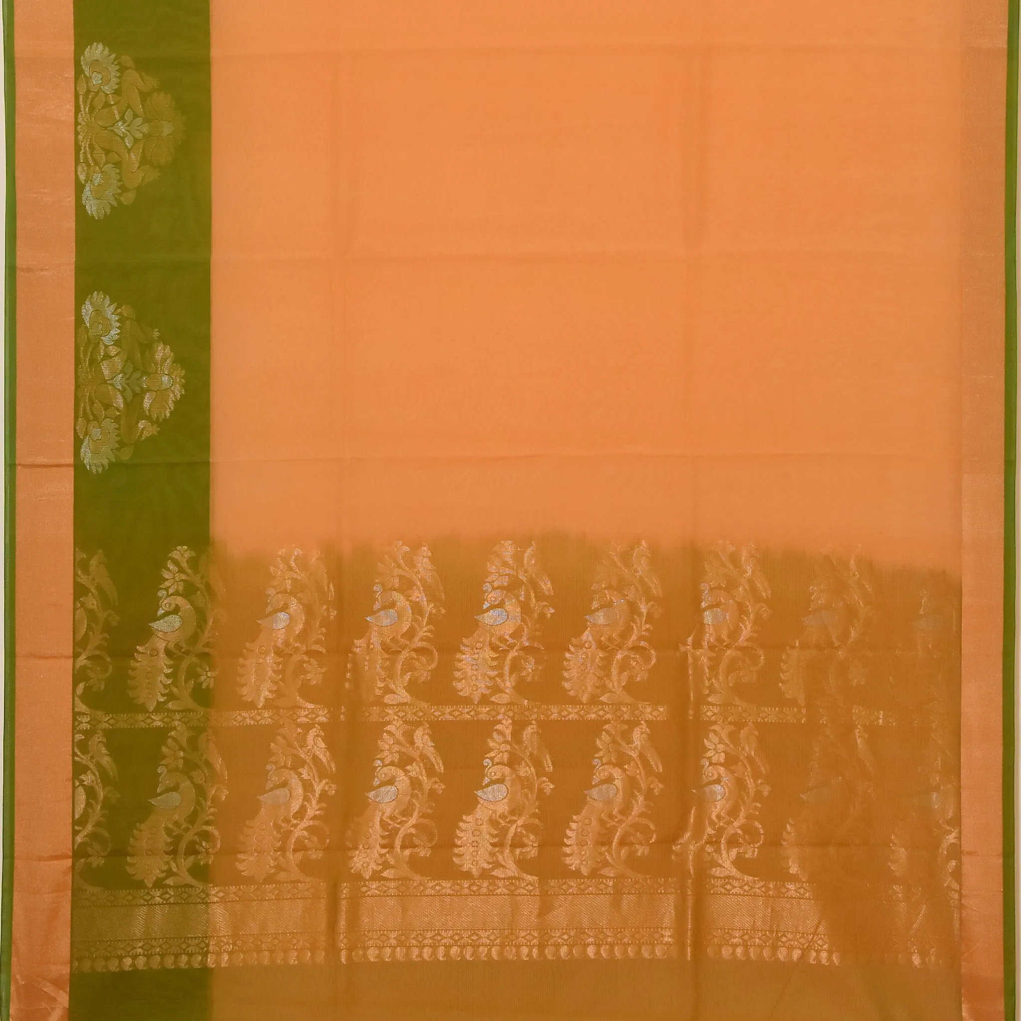 Handwoven Orange with Green Silk Cotton Saree - 264N001796DSS