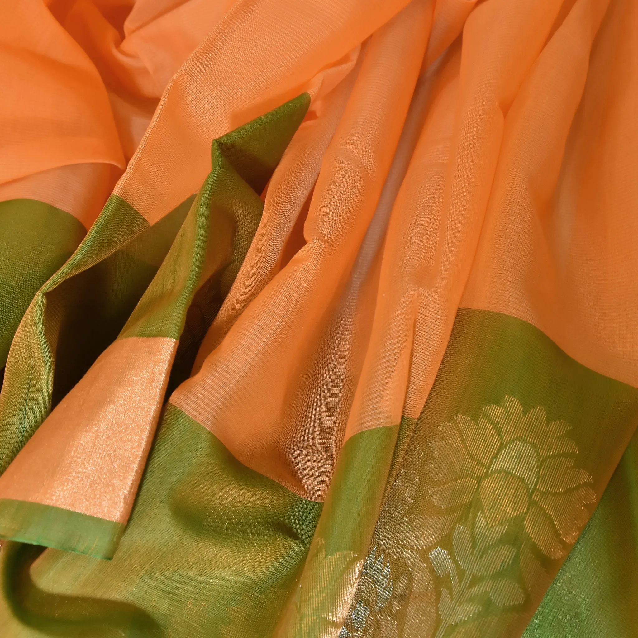 Handwoven Orange with Green Silk Cotton Saree - 264N001796DSS