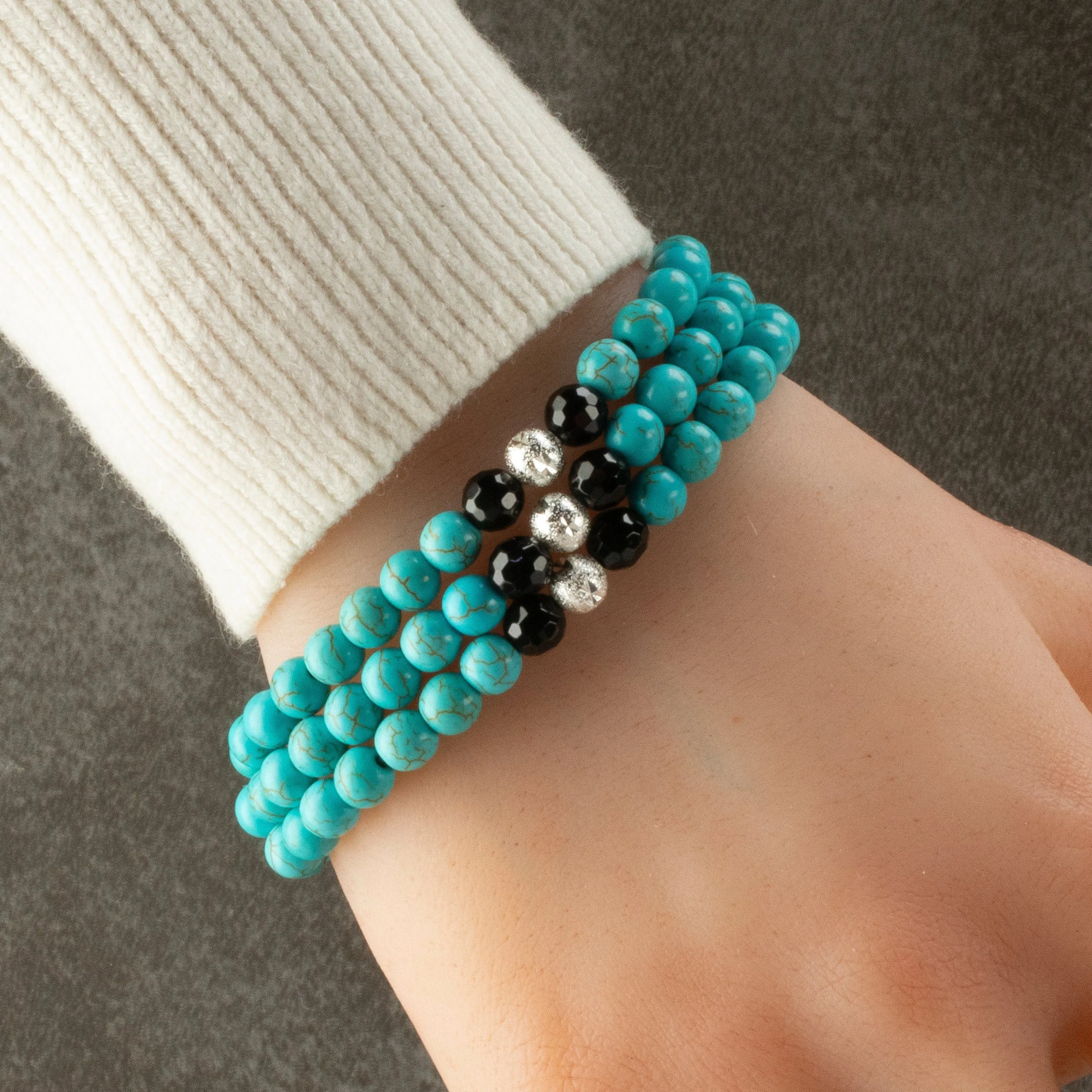 Howlite Turquoise 6mm Beads with Black Agate & Silver Sparkly Accent Beads Triple Wrap Gemstone Elastic Bracelet