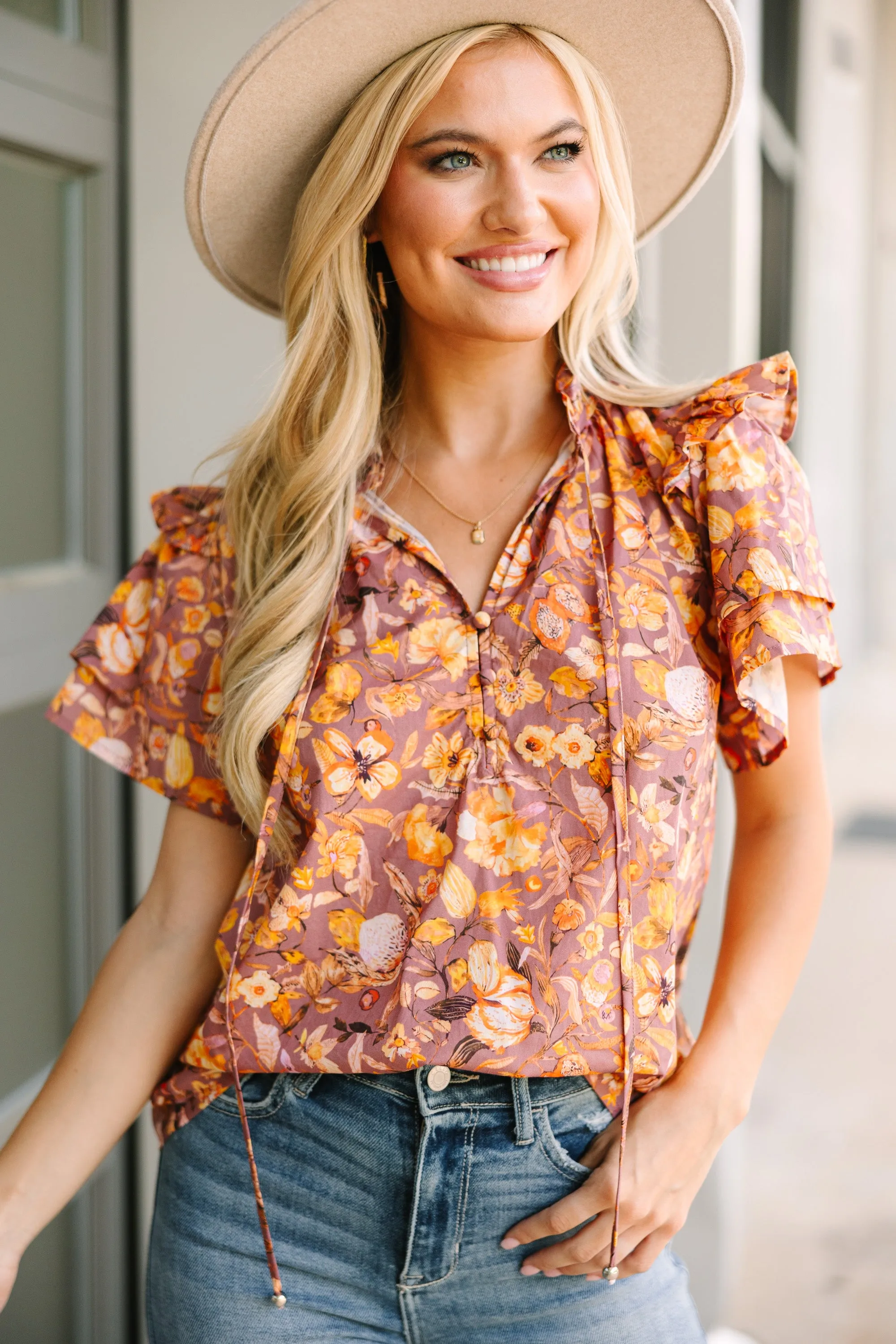 In The Zone Red Bean Floral Blouse