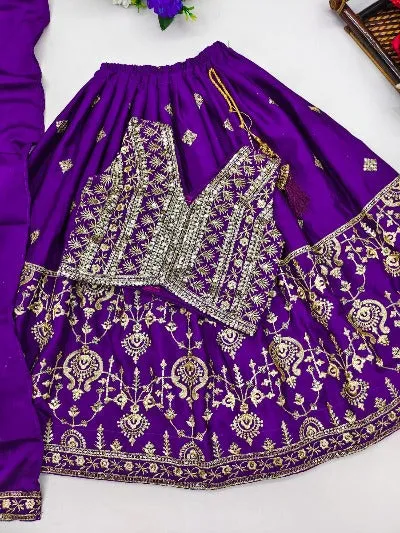 Kids Dark Violet Cotton Silk Embroidered Lehenga Choli Set