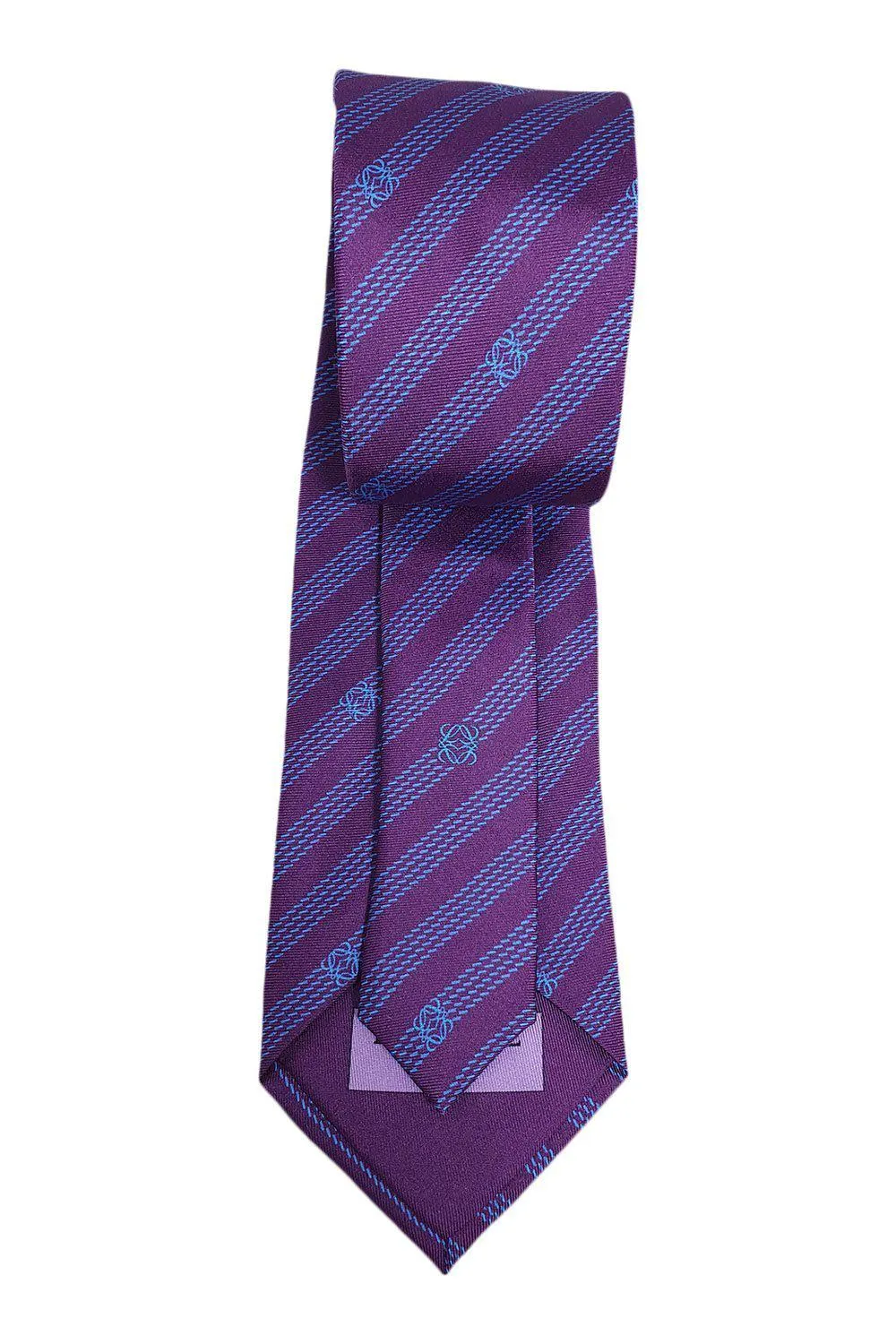 LOEWE 100% Silk Purple Tie Blue Pinstripe Logo Repeat (60 L | 3.6 W)