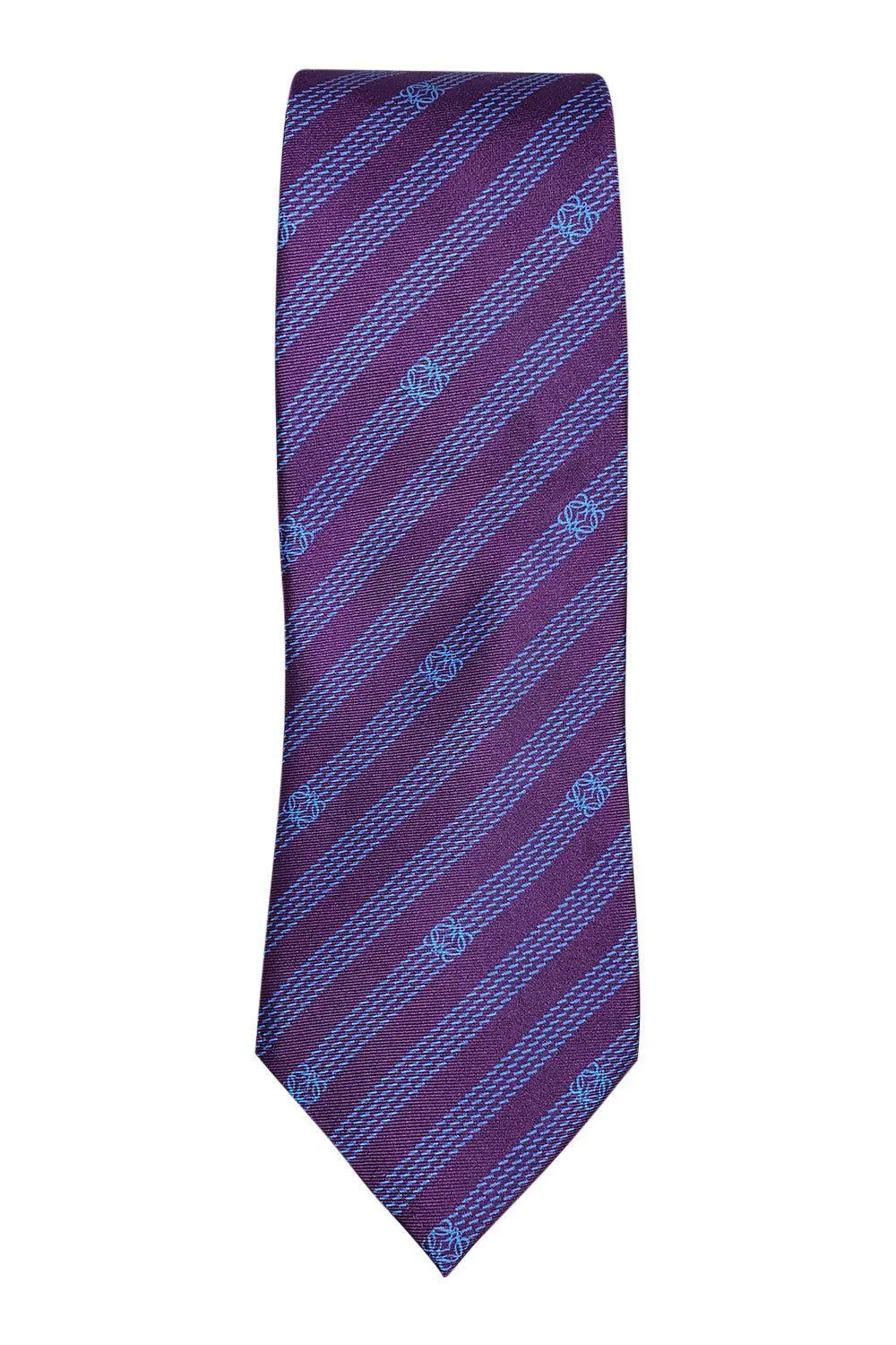 LOEWE 100% Silk Purple Tie Blue Pinstripe Logo Repeat (60 L | 3.6 W)