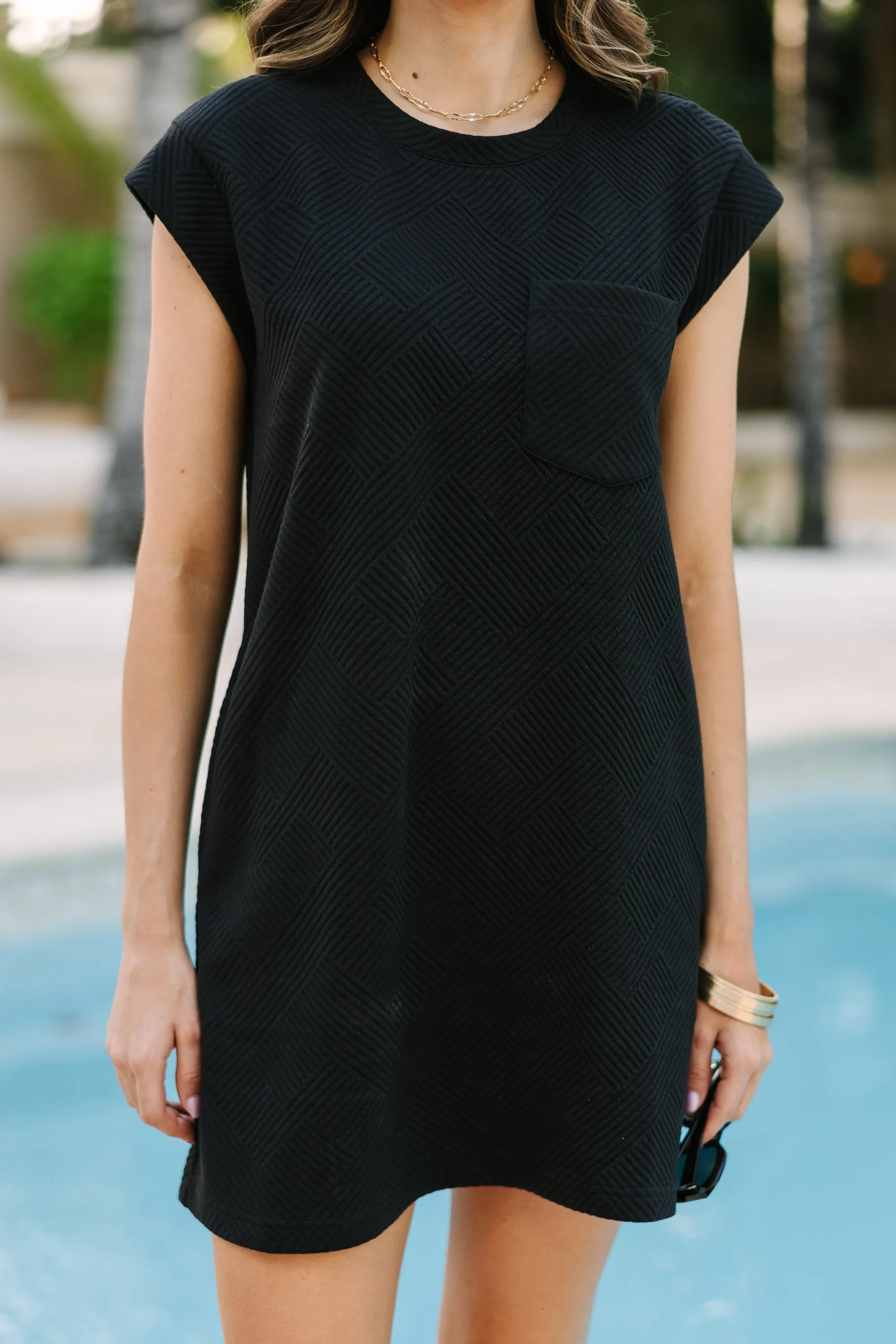 Make Your Day Black Textured T-shirt Dress