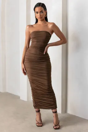 My Lady | Chocolate Brown Strapless Bodycon Ruched Mesh Maxi Dress