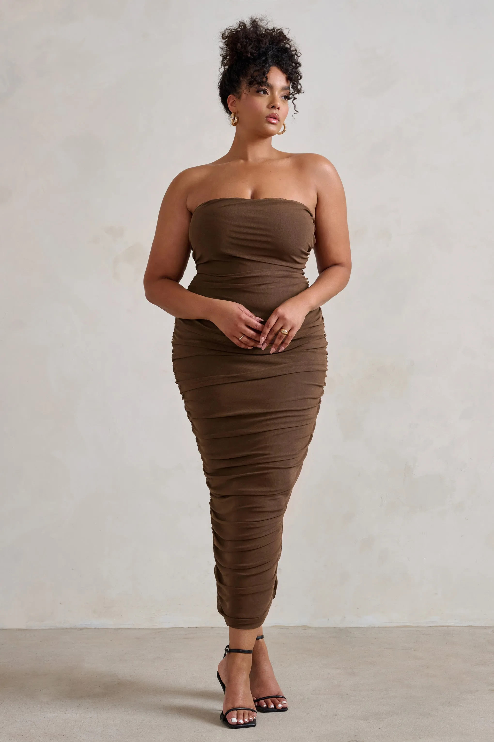 My Lady | Chocolate Brown Strapless Bodycon Ruched Mesh Maxi Dress