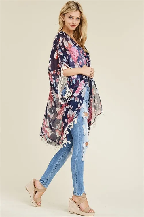 Navy Floral Tassel Kimono