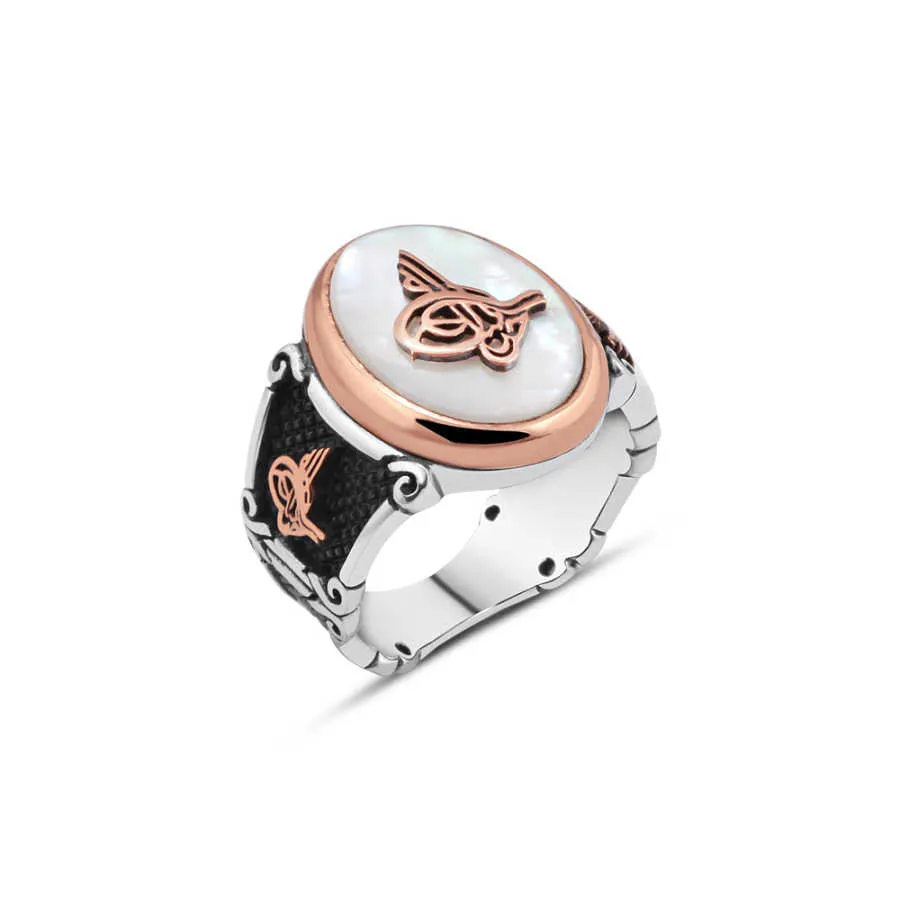 Ottoman Tughra on White Ellipse Mother of Pearl Stone Silver Men’s Ring Siding Ottoman Tughra