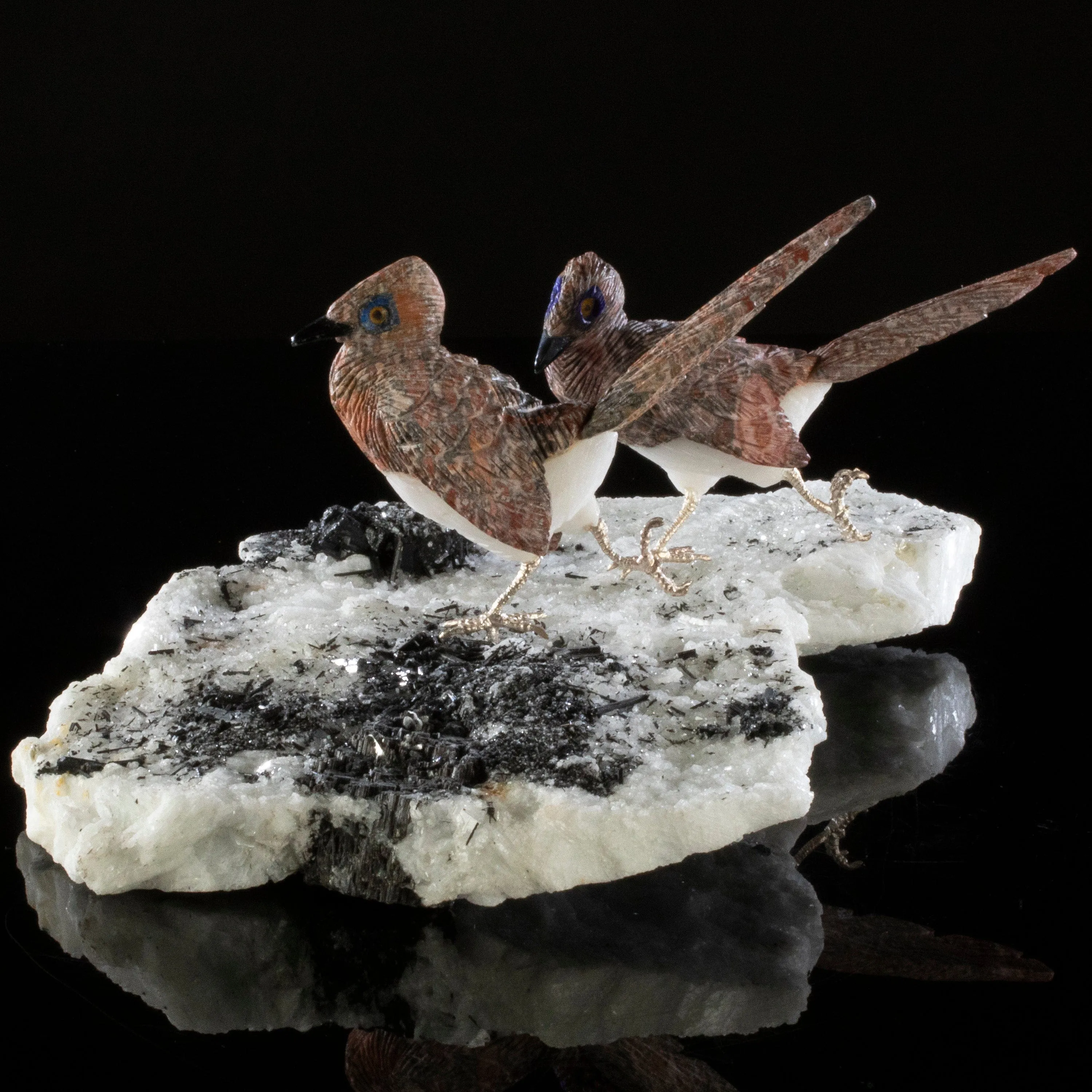 Peter Muller Leopardskin Jasper Roadrunner Love Birds Carving on Calcite & Black Tourmaline Base