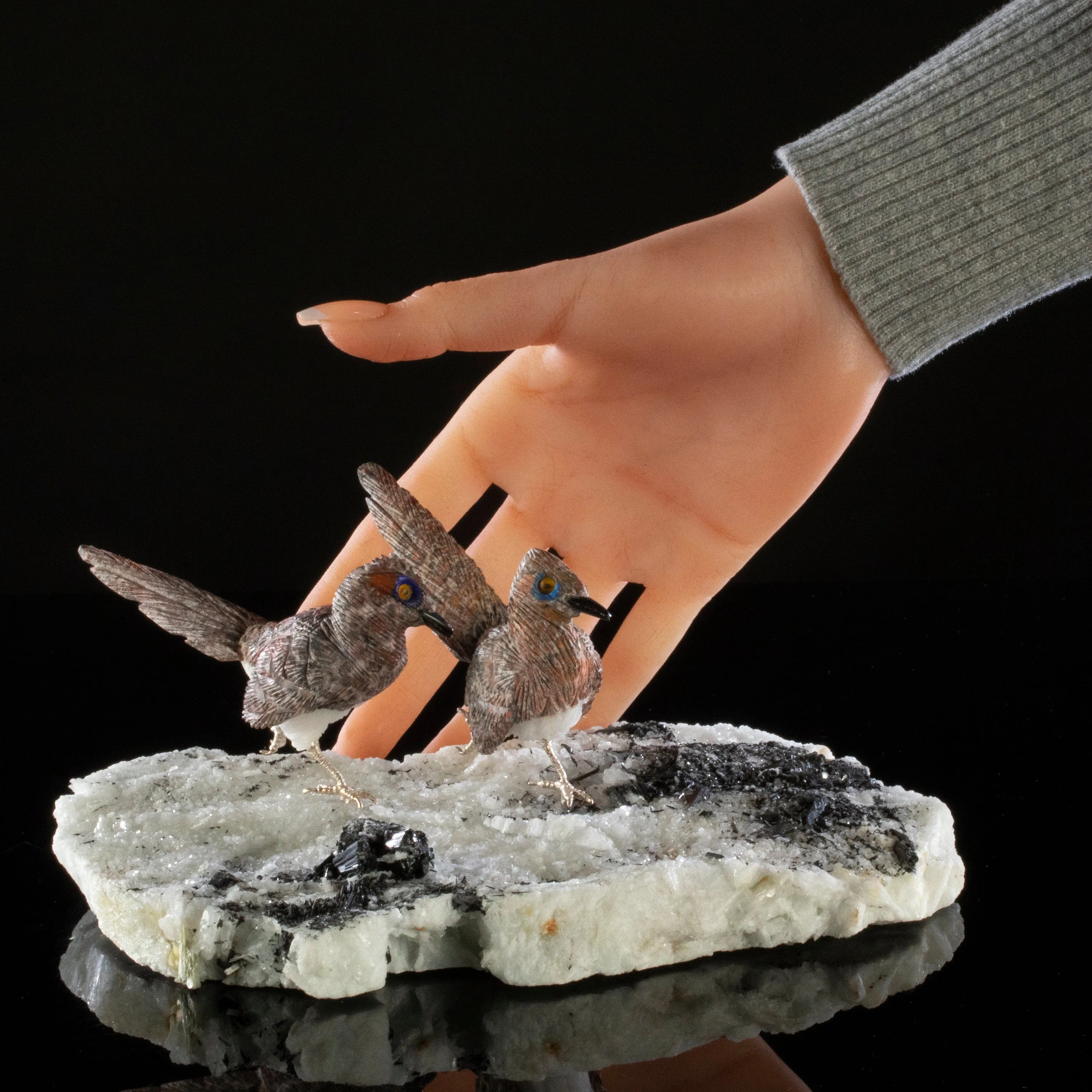 Peter Muller Leopardskin Jasper Roadrunner Love Birds Carving on Calcite & Black Tourmaline Base