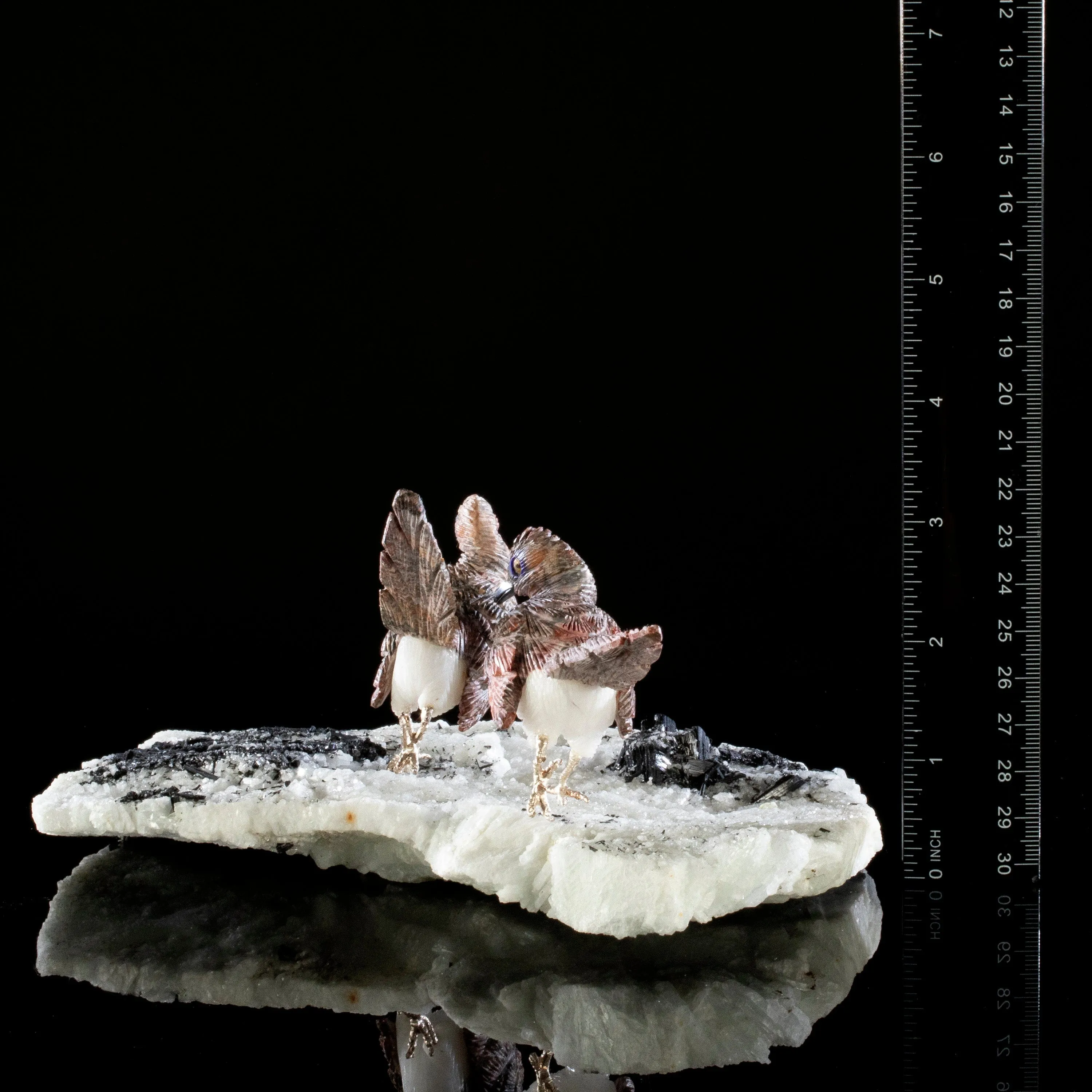 Peter Muller Leopardskin Jasper Roadrunner Love Birds Carving on Calcite & Black Tourmaline Base