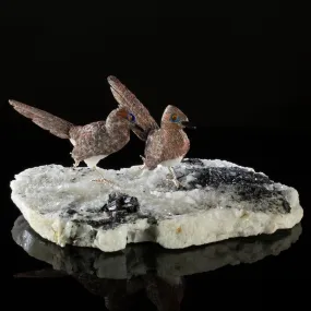 Peter Muller Leopardskin Jasper Roadrunner Love Birds Carving on Calcite & Black Tourmaline Base