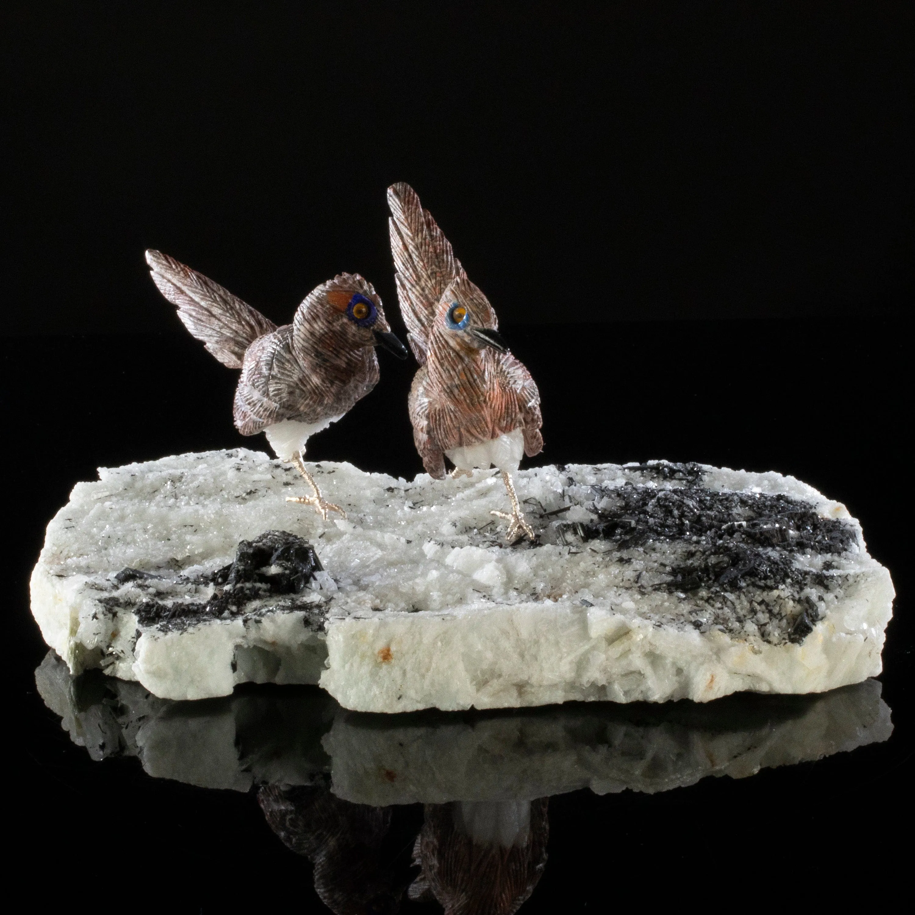 Peter Muller Leopardskin Jasper Roadrunner Love Birds Carving on Calcite & Black Tourmaline Base