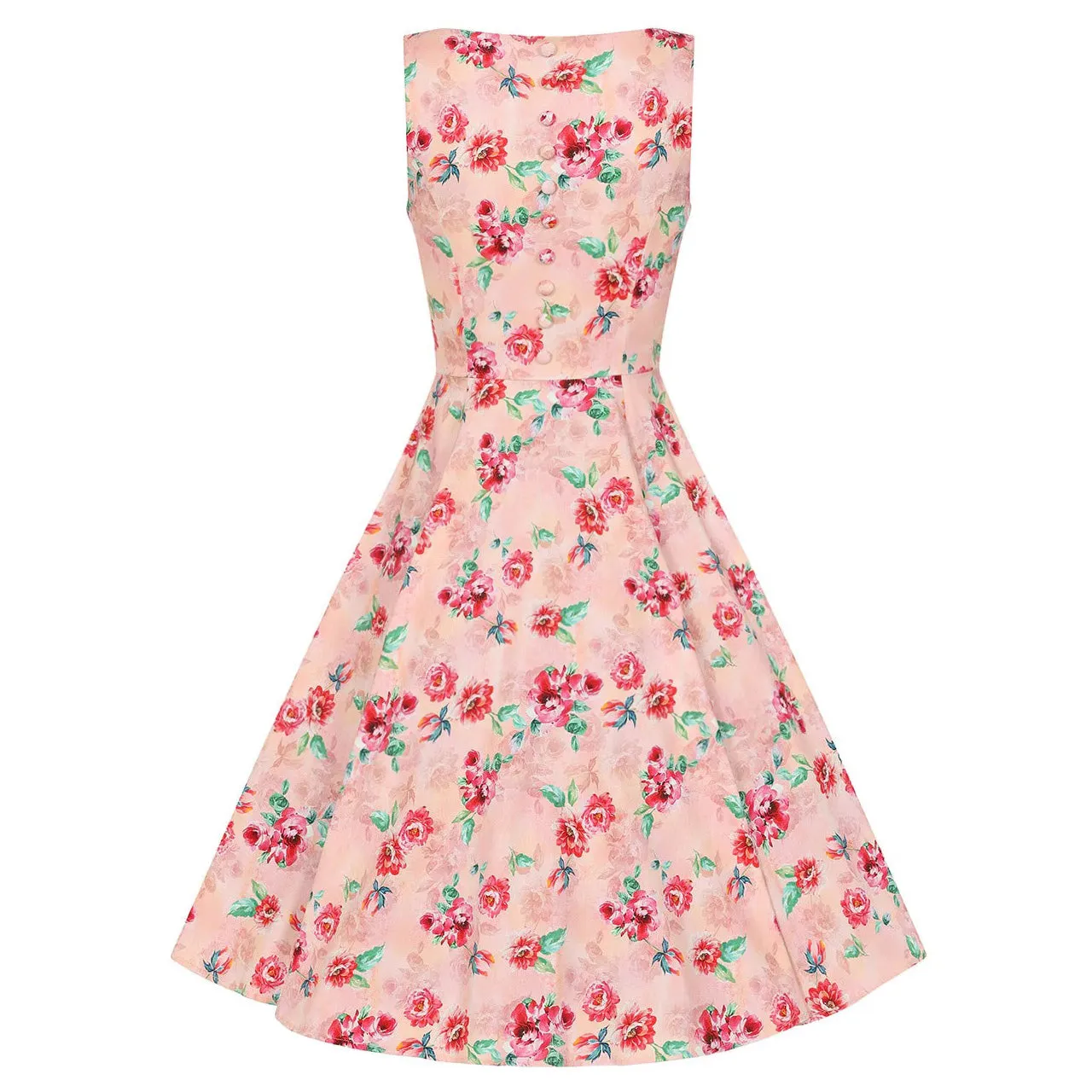 Pink Floral Print Audrey Rockabilly 50s Swing Dress