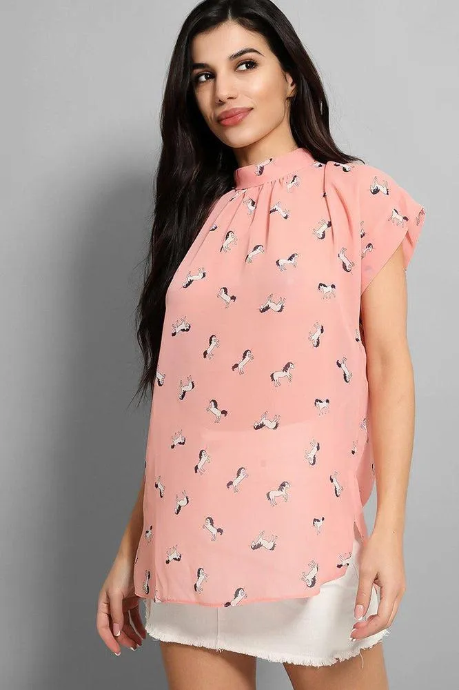 Pink Horses Print High Neck Short Sleeves Blouse