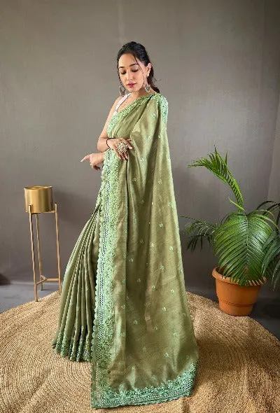 Pista Green Pure Soft Matka Silk Cutwork Saree