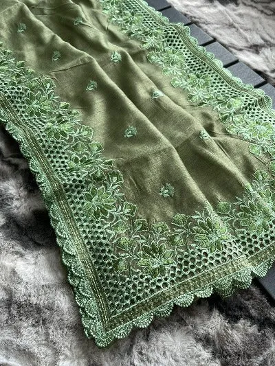 Pista Green Pure Soft Matka Silk Cutwork Saree