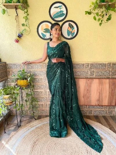 Ready to Wear Bottle Green Georgette Sequenced Designer Saree