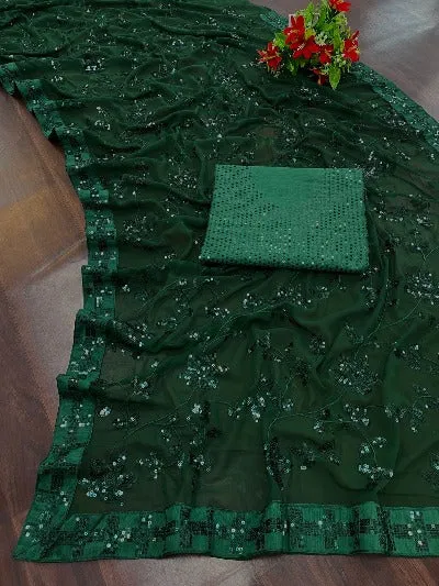 Ready to Wear Bottle Green Georgette Sequenced Designer Saree