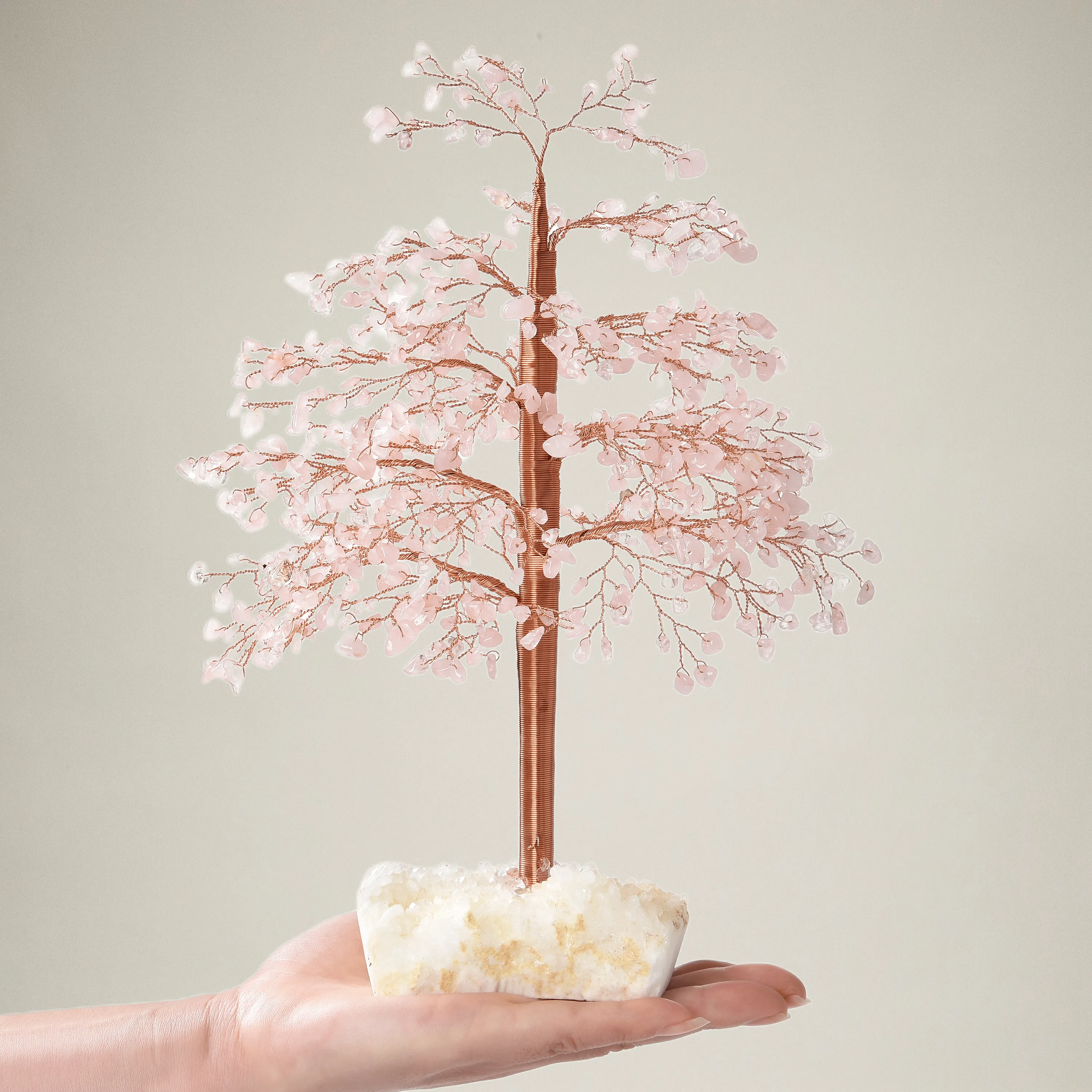 Rose Quartz Tree of Life on Quartz Cluster Base