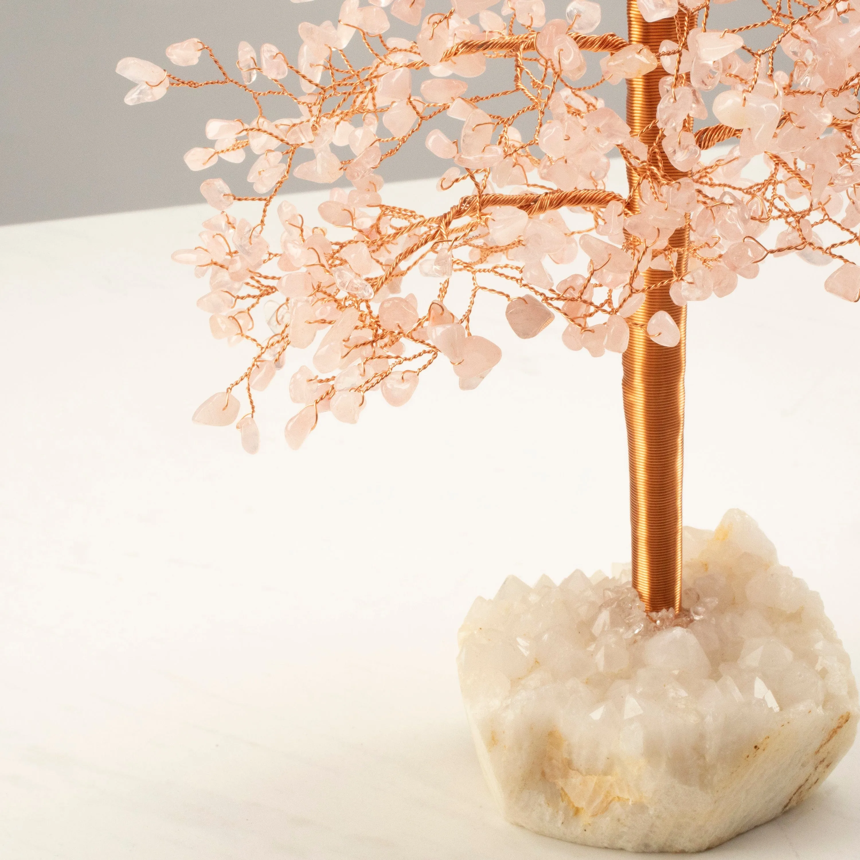 Rose Quartz Tree of Life on Quartz Cluster Base