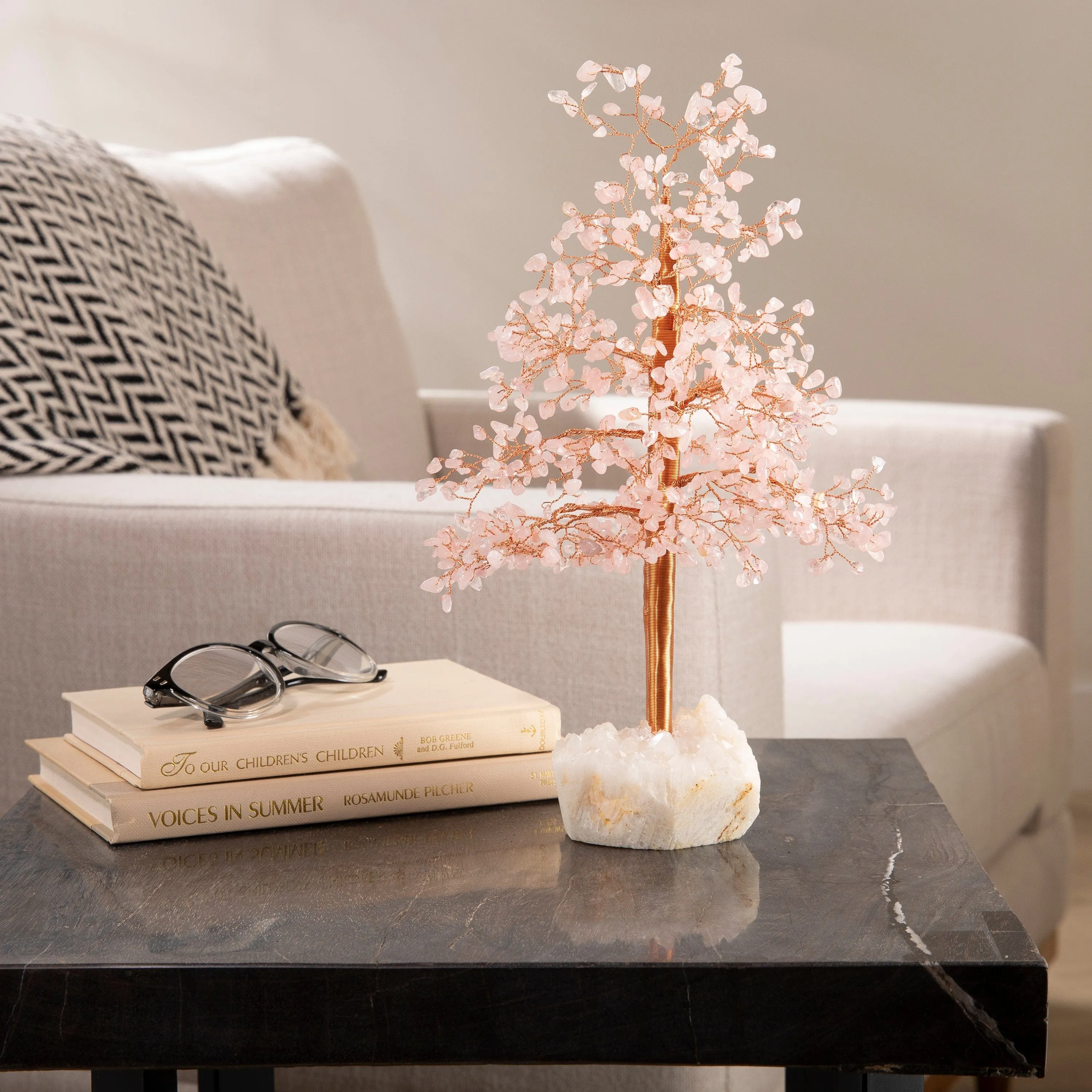 Rose Quartz Tree of Life on Quartz Cluster Base