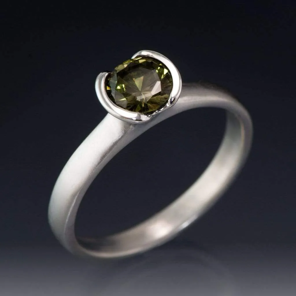 Round Cut Australian Olive Green Sapphire Halley Half-Bezel Solitaire Engagement Ring