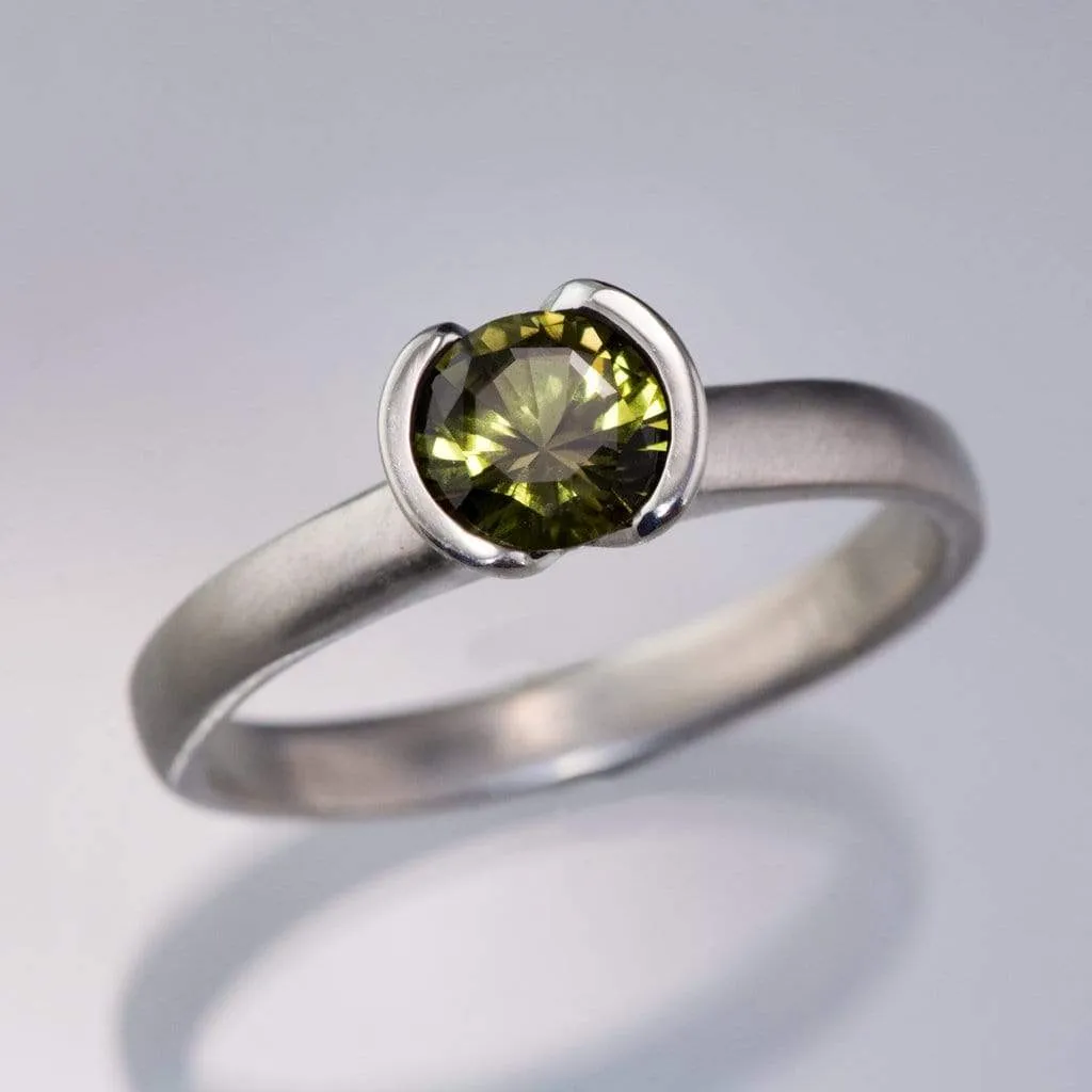 Round Cut Australian Olive Green Sapphire Halley Half-Bezel Solitaire Engagement Ring