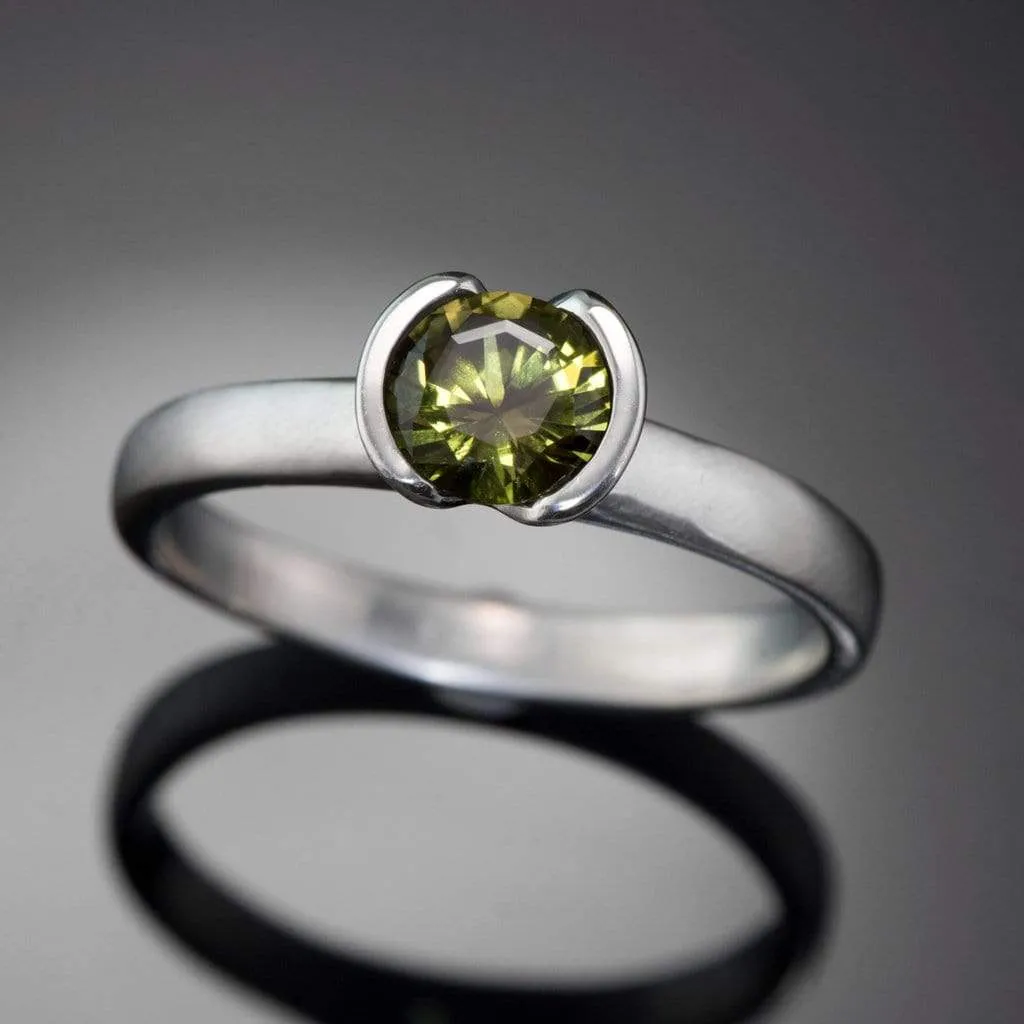 Round Cut Australian Olive Green Sapphire Halley Half-Bezel Solitaire Engagement Ring