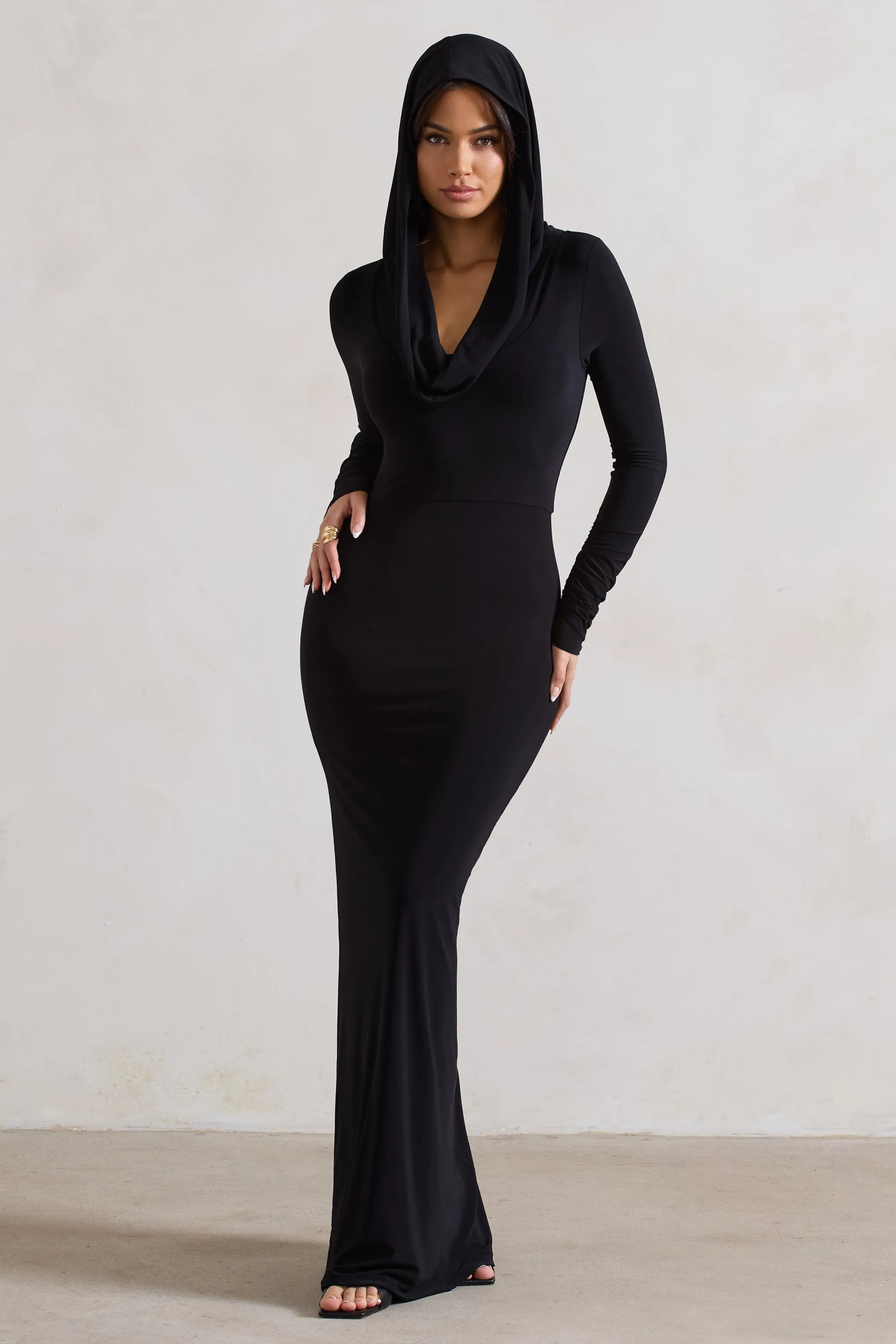 Shira | Black Long-Sleeve Hooded Maxi Dress