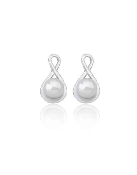 Sterling Silver Rhodium Plated Earrings, for Women with Short Post and Organic Pearl, 8mm Round White Pearls, Duna Collection