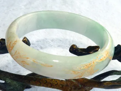 Strength and Resilience  Gold Etched Bamboo  Old Mine Burmese Jadeite Bangle Bracelet 58.5 mm   Certificate (BB2968)