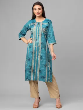 Teal Floral Printed Kurta