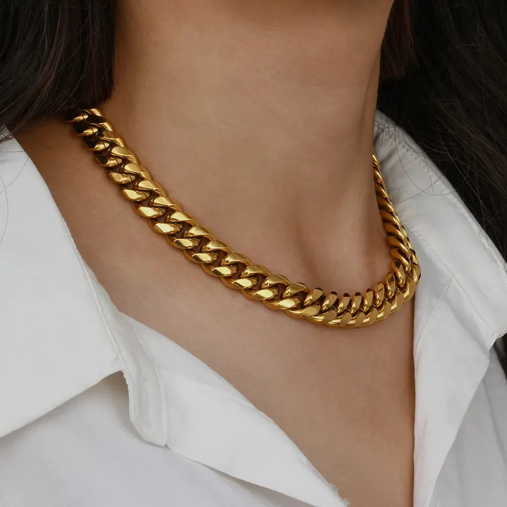 Trendy Stainless Steel 18K Gold-Plated Chunky Cuban Chain Necklaces for Women - Hip-Hop Inspired